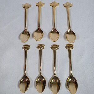 Vintage HIC Japan Gold-tone Stainless Teapot Teacup Demitasse Spoons Set of 8